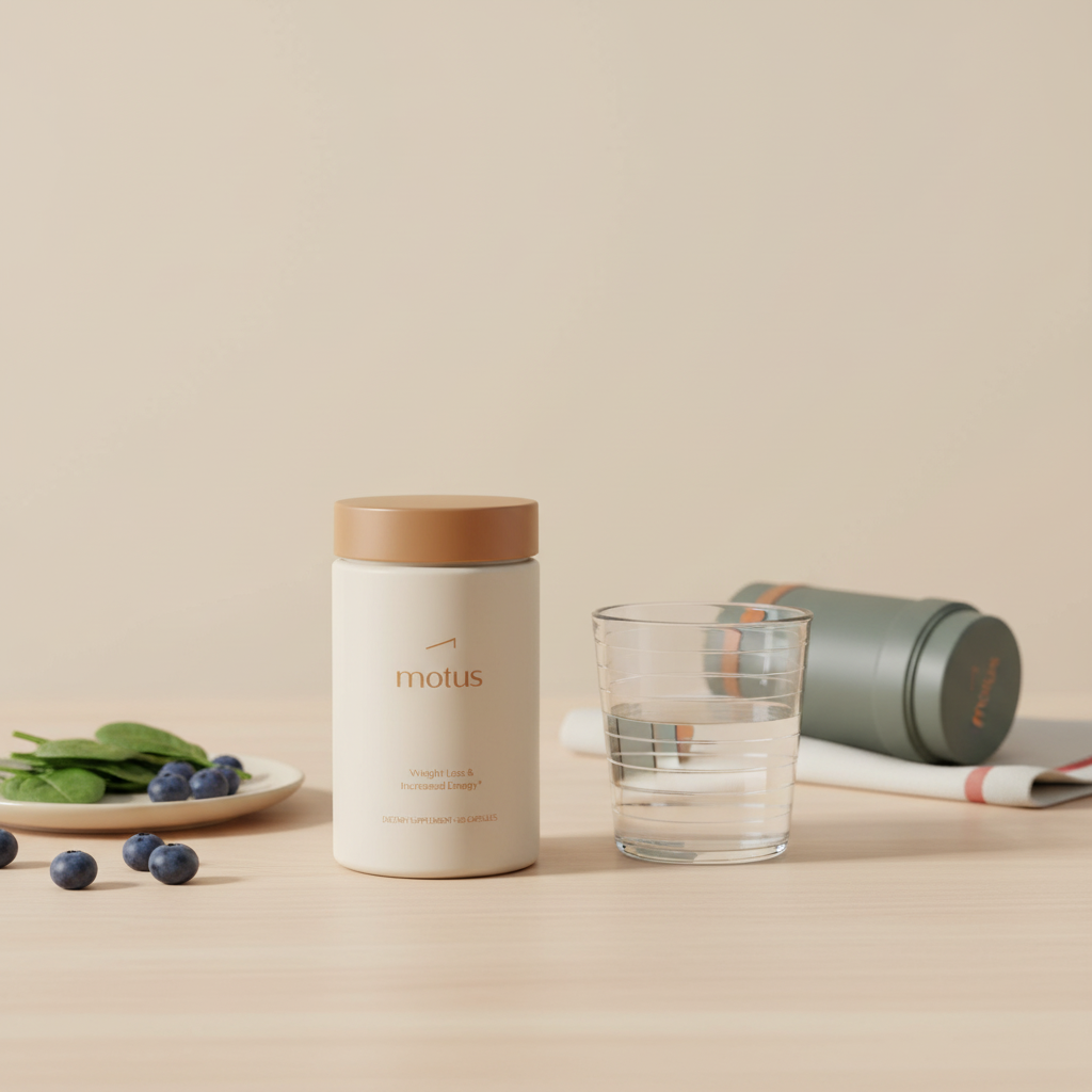 Minimalist tabletop with Tonum Motus supplement jar beside a glass of water, small plate of spinach and blueberries, and a shaker cup — what should I drink to lose weight