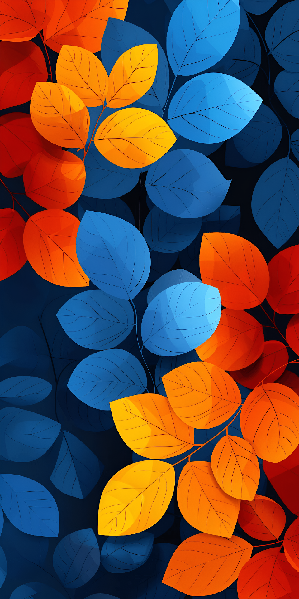 Abstract Autumn Leaves Pattern Vibrant Blue Orange Yellow Foliage - Free 4K mobile Wallpaper
