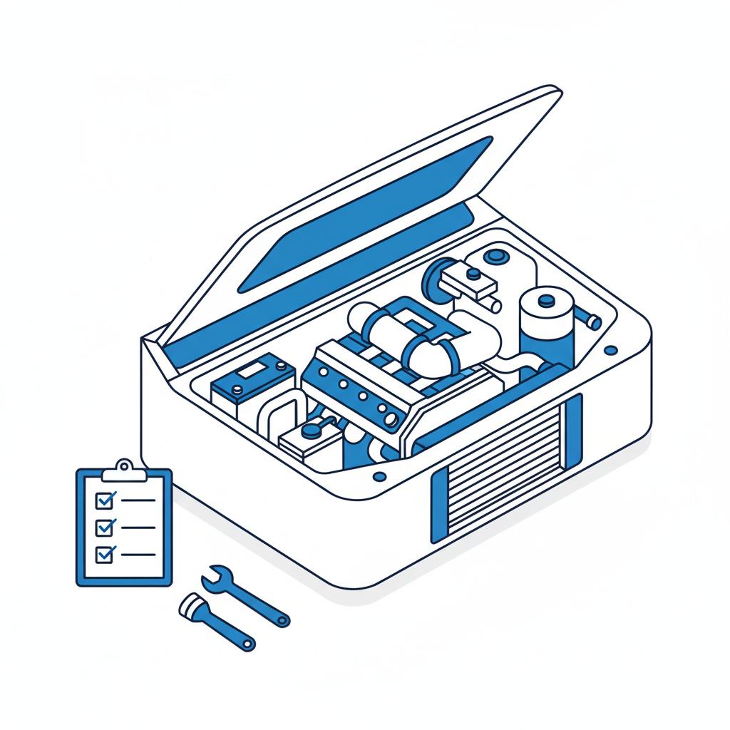Minimalist vector of an open car engine bay with checklist icons and tools for a pre purchase inspection bmw for sale near me