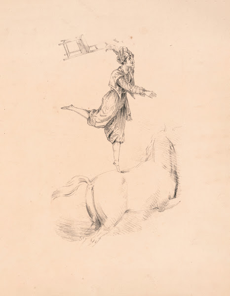 Paul of Franconis circus standing on one leg on the bare back of a horse 1823
