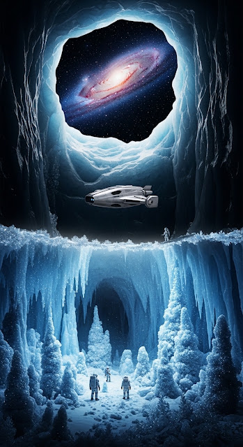 Surreal Ice Cavern with Alien Spacecraft and Galaxy - Free mobile Wallpaper