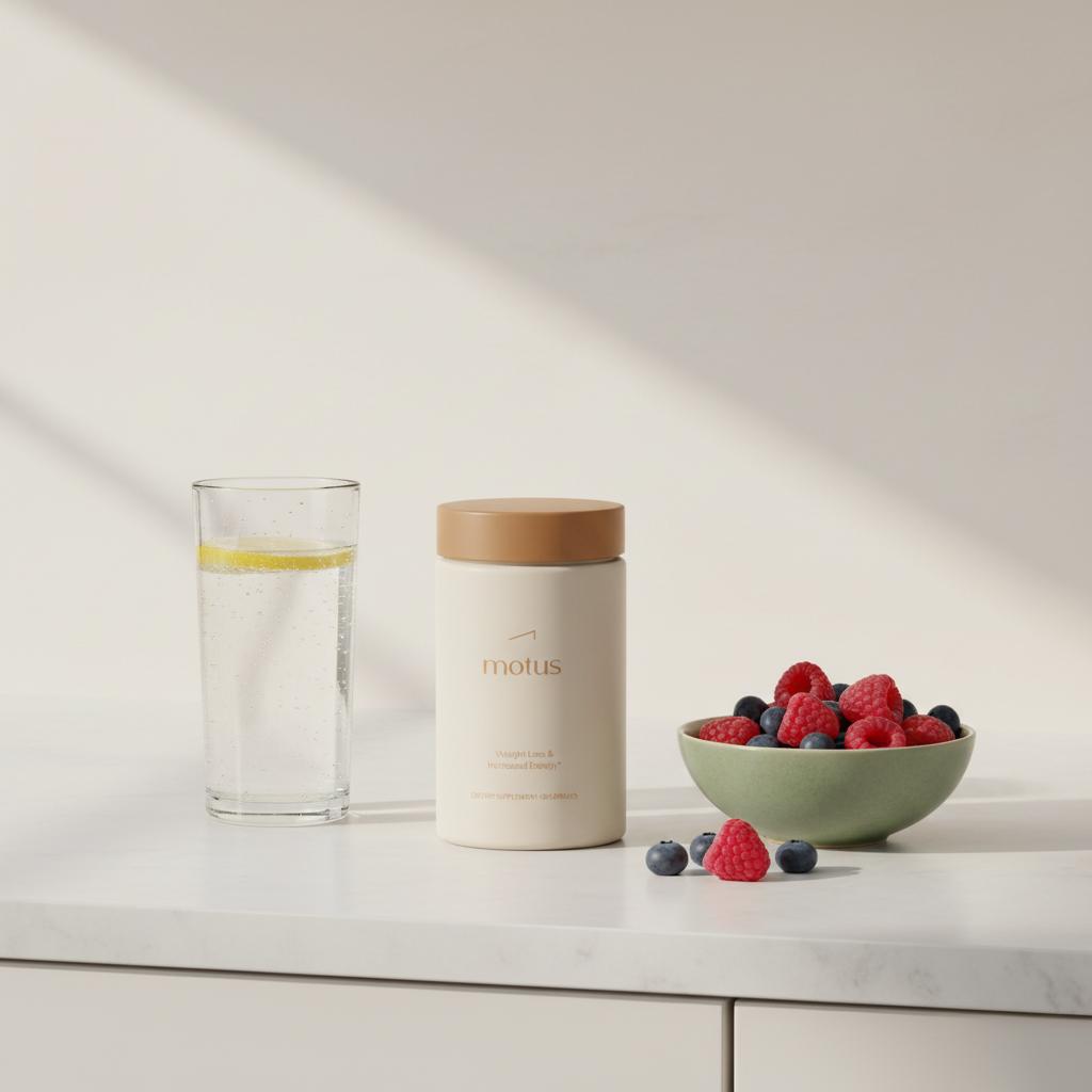 Minimalist kitchen counter with Motus supplement container beside sparkling water with lemon and a small bowl of berries, conveying a healthy routine for fatty liver