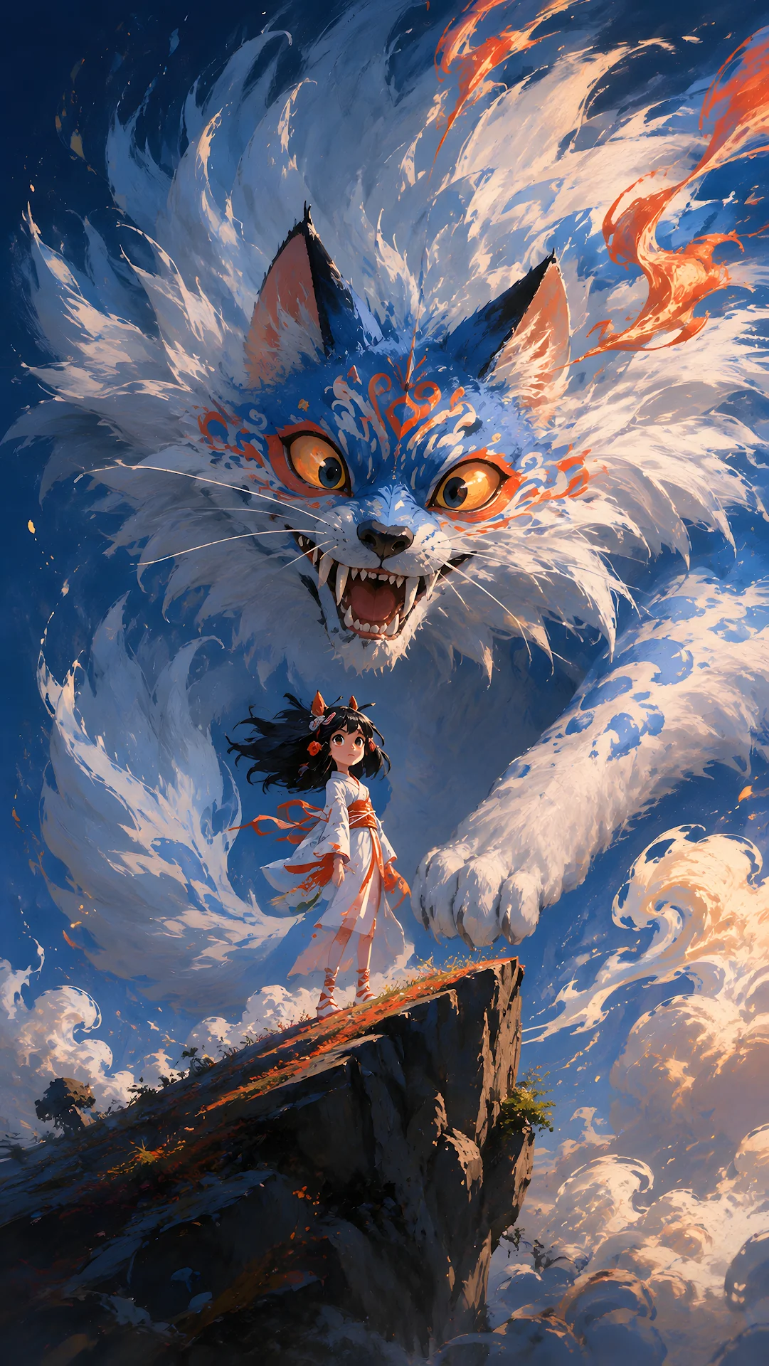 Anime style girl standing on cliff with gigantic mythical cat spirit - Free 4K mobile Wallpaper