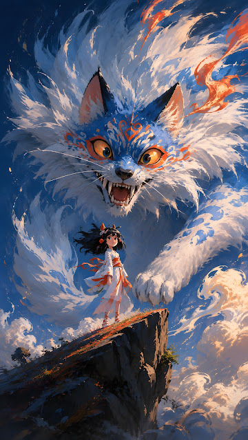 An anime-style girl in traditional white and red attire standing on a cliff edge before a massive blue giant wolf cat spirit.