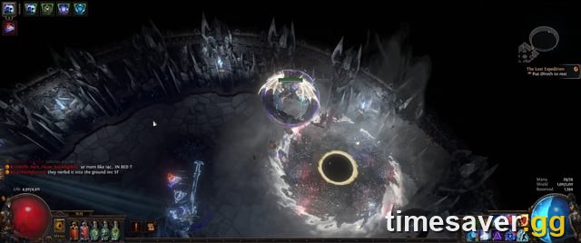 Olroth's icy tomb arena in Path of Exile 2, with the orbital rune laser and artifact circling the center during phase two