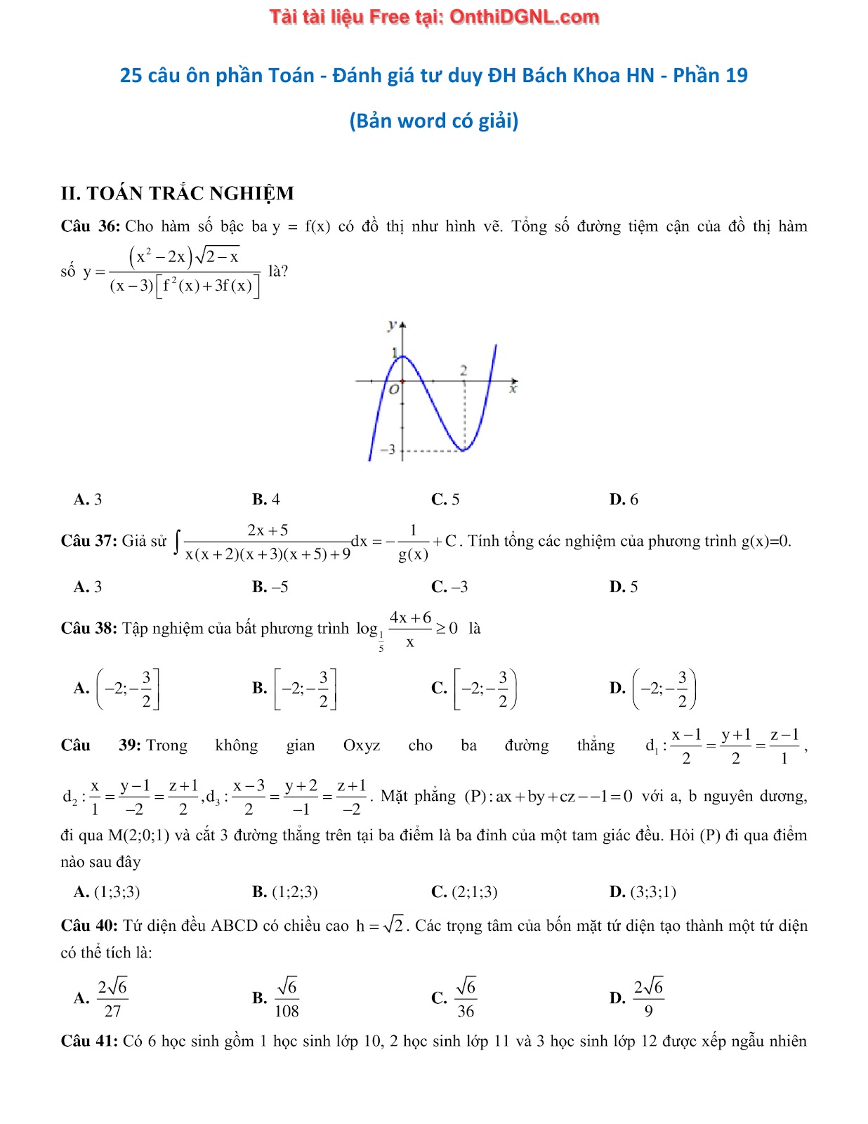 475 bài tập môn Toán - Ôn thi ĐGTD ĐH Bách Khoa Hà Nội Phần 19