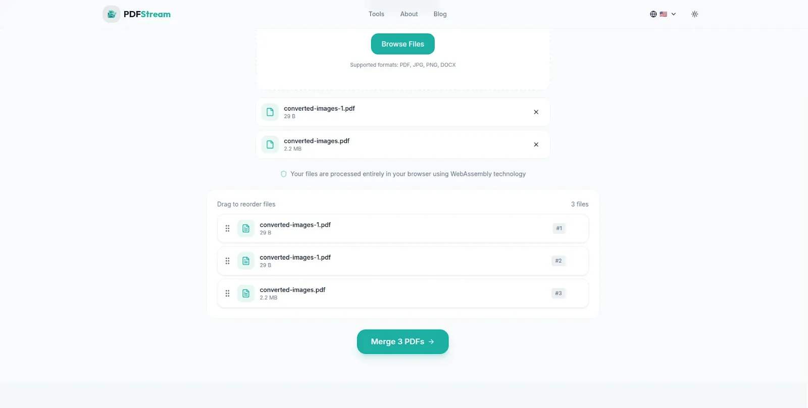 How to merge PDF files without uploading using PDFStream free browser tool