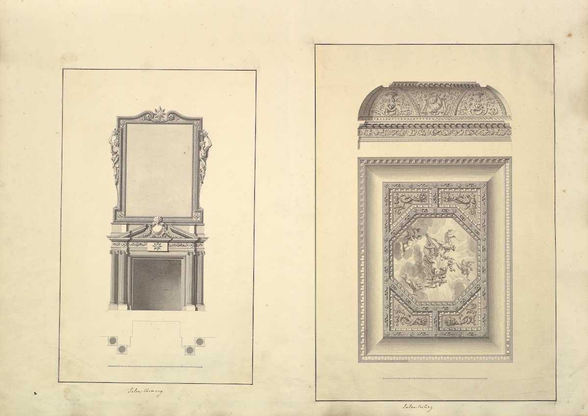 Leaf from Aedes Walpolianae mounted with two drawings a Salon Chimney Houghton H