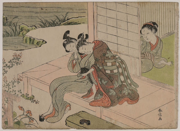 Woman Watching Young Couple Embrace on a Veranda late 1760s