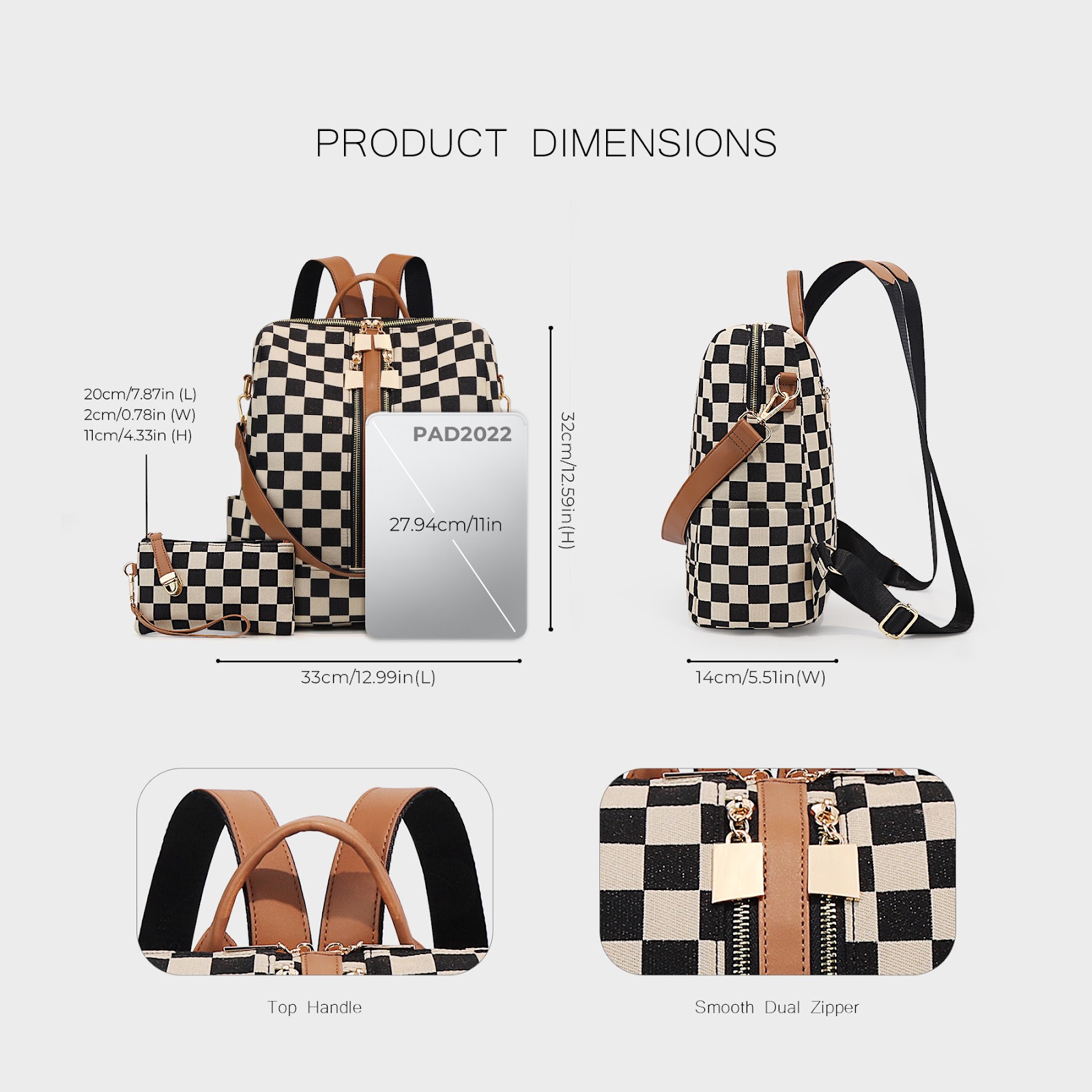 Women's Backpack, Canvas, Checkered Pattern