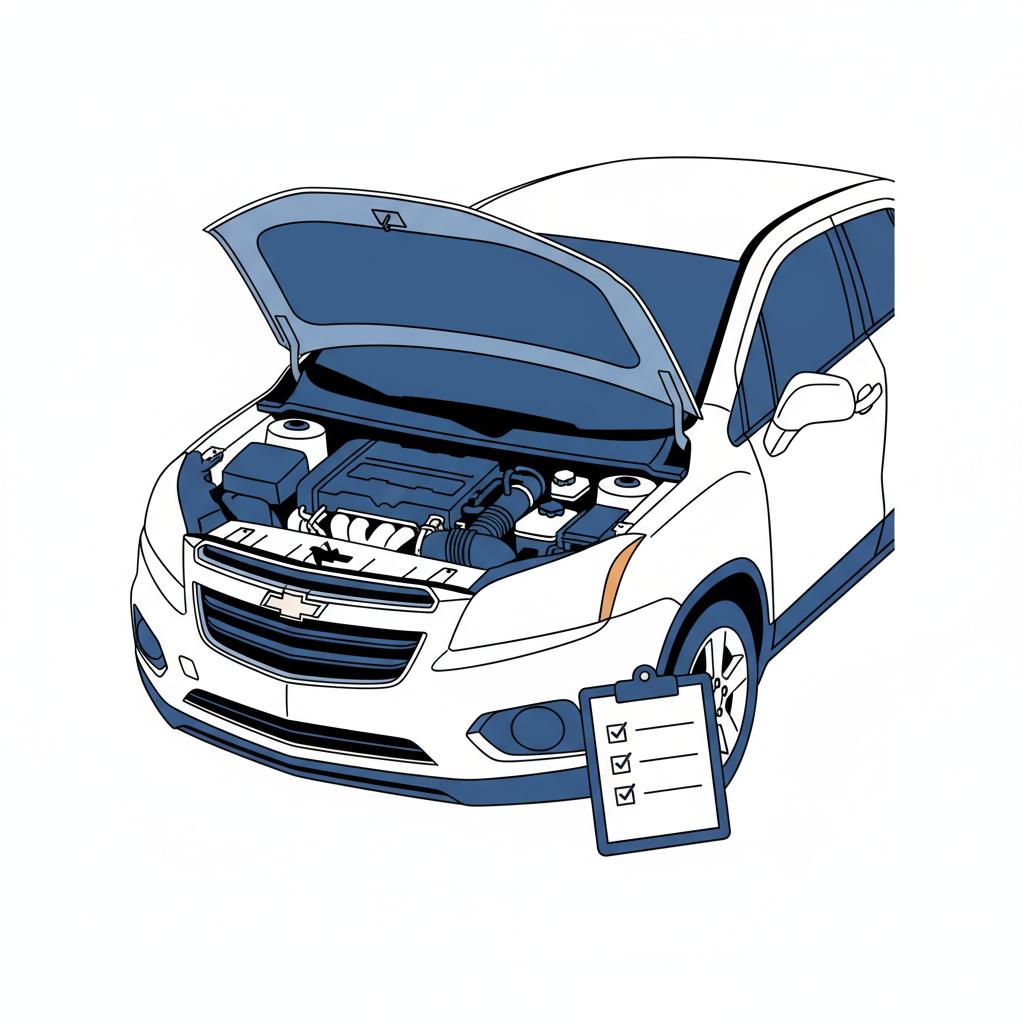 Minimalist vector of open engine bay of a chevrolet trax car with a clipboard checklist icon in blue on white background
