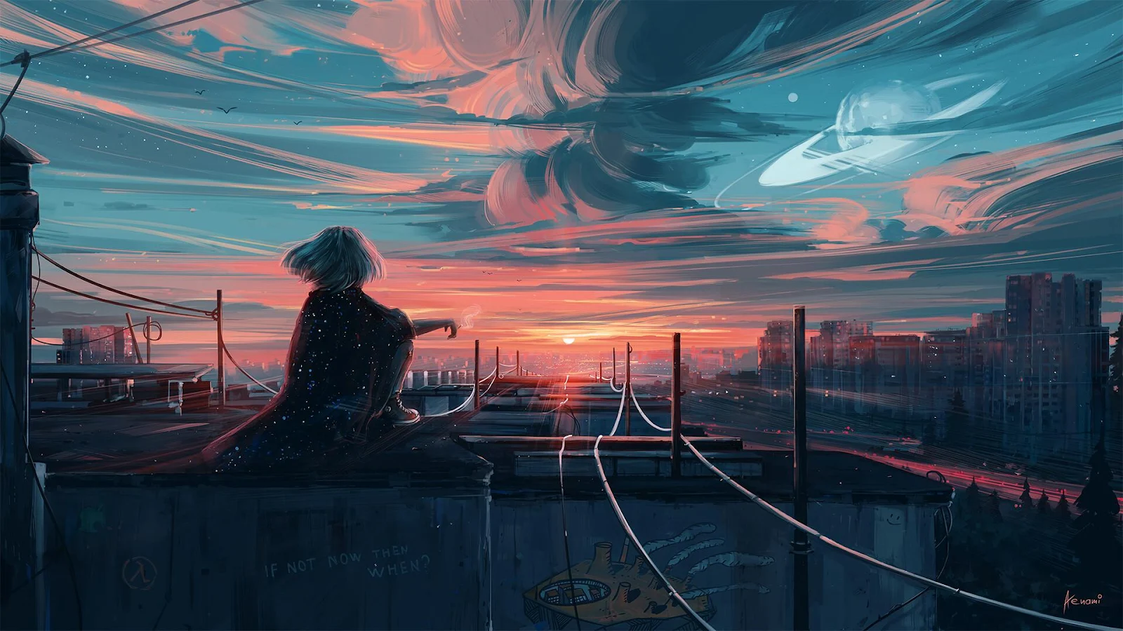 Rooftop View Under Alien Sunset - Vibrant Digital Art Full HD Wallpaper (1920x1080)