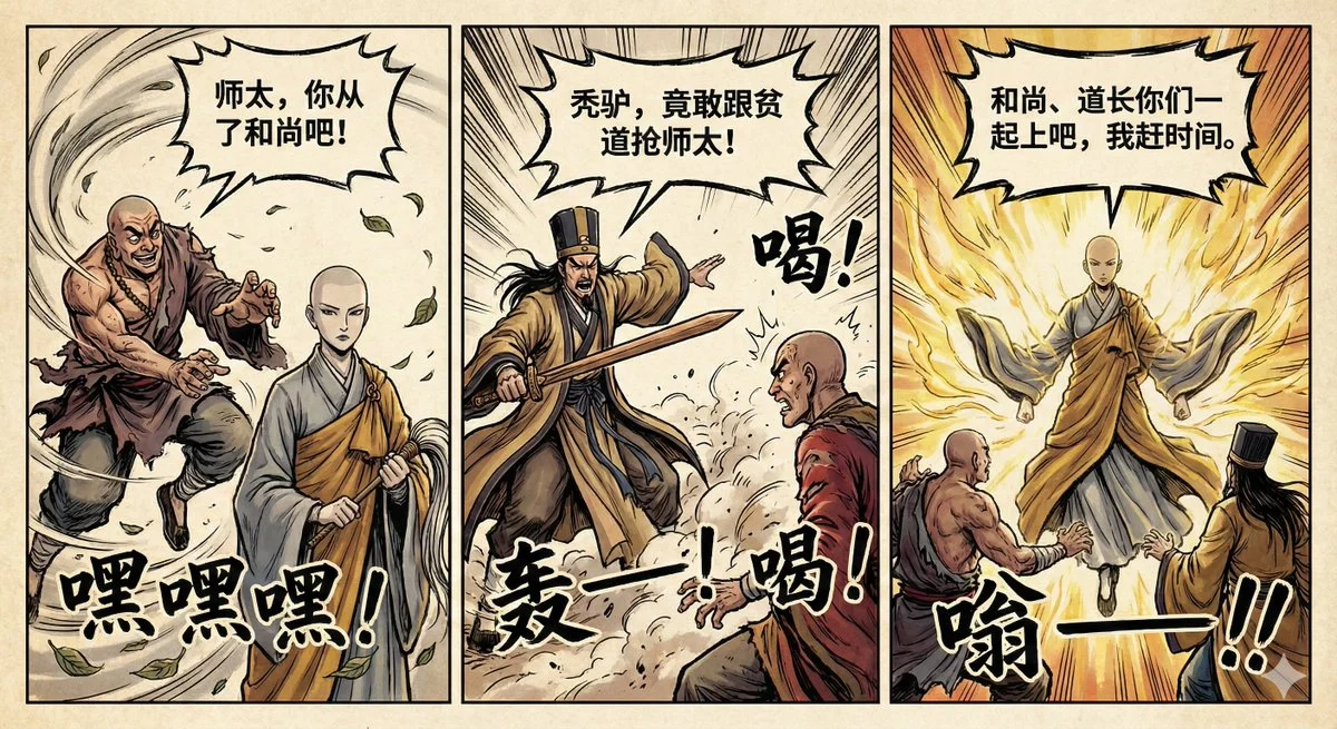 Cómic de artes marciales de Hong Kong en 3 viñetas: La monja se enfrenta a un dilema.