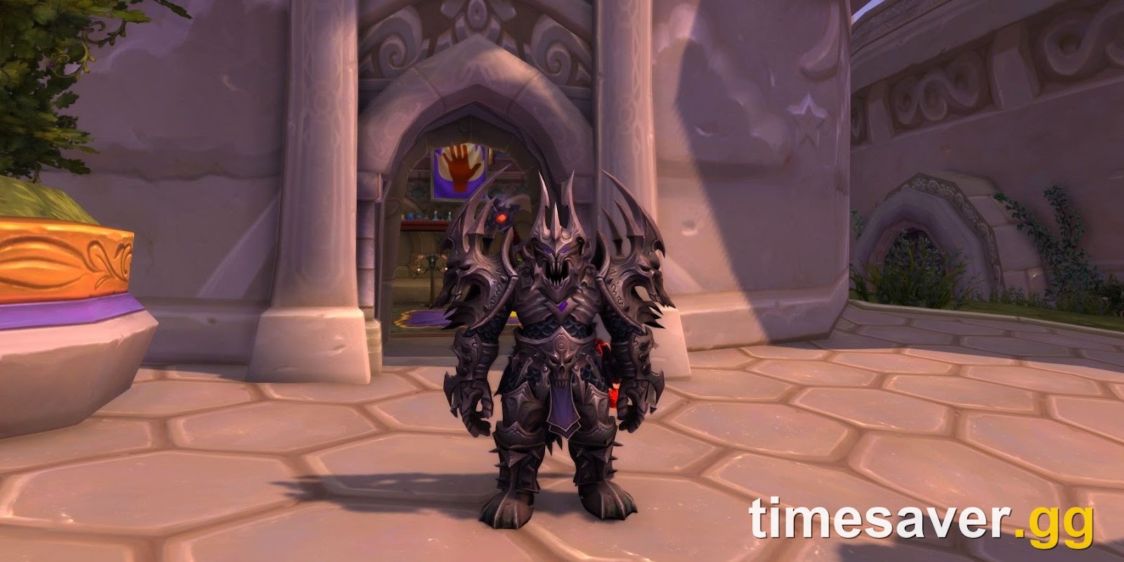 A Death Knight in dark spiked plate armor in World of Warcraft