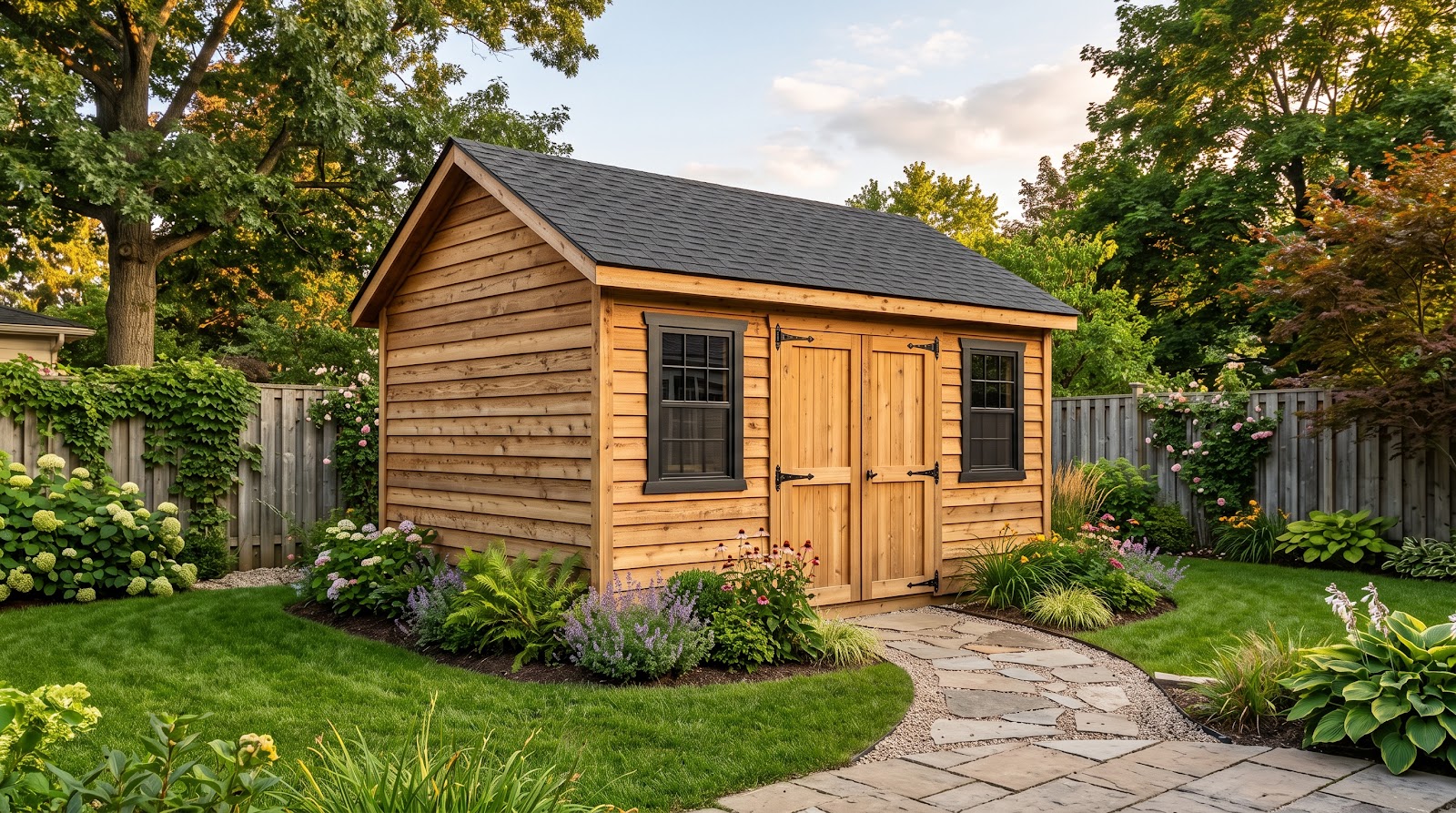 Premium cedar backyard storage shed with traditional gable roof and double doors in golden hour sunlight