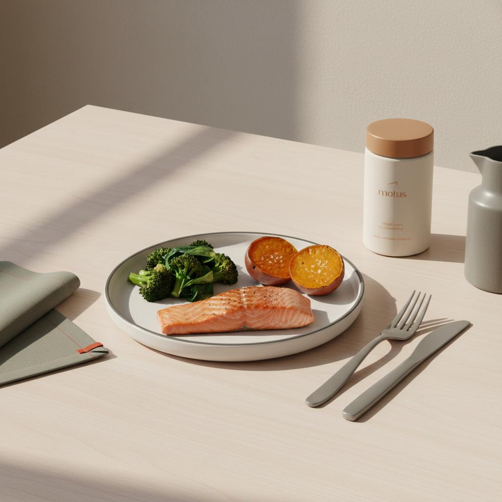 Minimalist kitchen table with measured meal (salmon, greens, sweet potato) and Motus jar, illustrating fastest way for a female to lose weight.