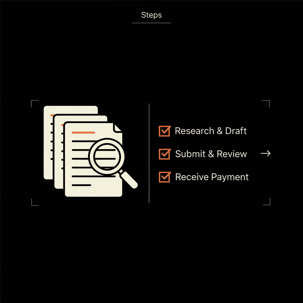 Flat vector infographic of a checklist, magnifying glass over documents on a black full-bleed background, minimal text and accents illustrating how to get paid for Wikipedia