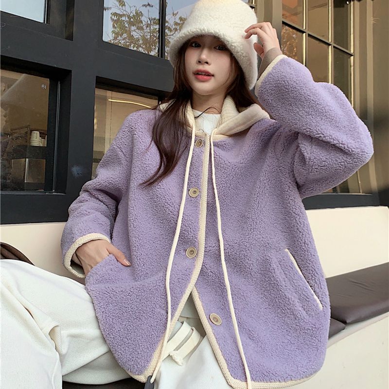 Lamb fleece hoodie for women, casual style