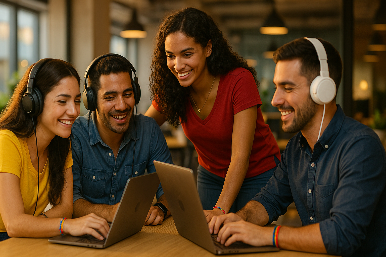Venezolanos trabajando en atención al cliente en un espacio compartido, sonriendo