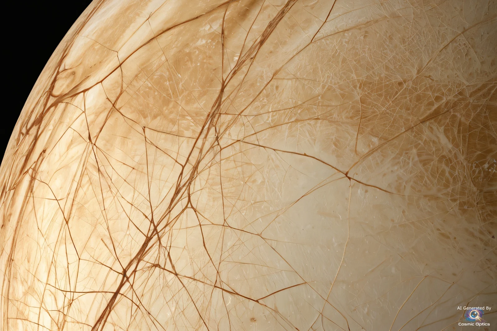 An authentic, photorealistic astronomical photograph of Jupiter's moon Europa in deep space. A highl_00003