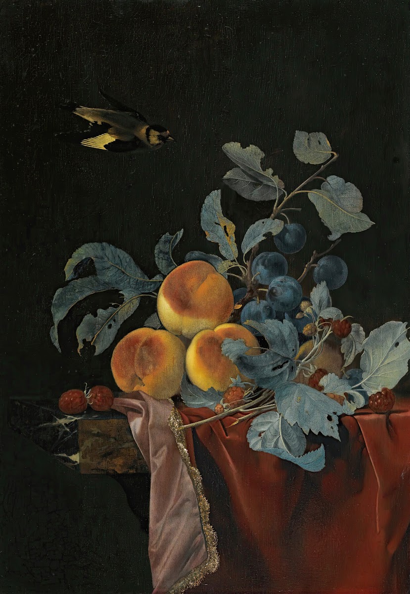 A Still Life With Peaches Raspberries And Damsons On A Partially Covered Marble