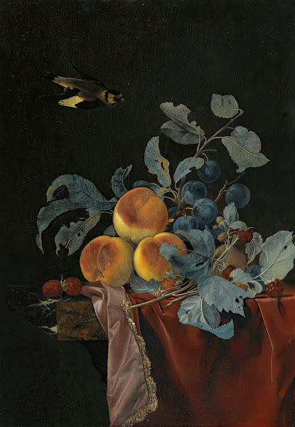 A Still Life With Peaches Raspberries And Damsons On A Partially Covered Marble
