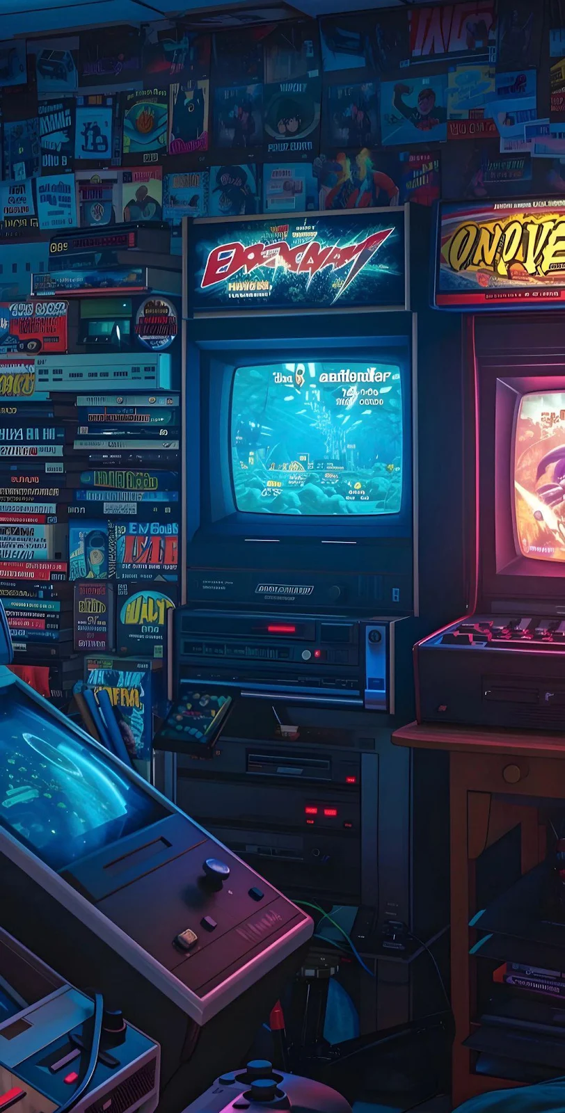 Retro Arcade Room Gaming Setup - Digital Illustration Full HD iPhone Wallpaper (1080x2127)