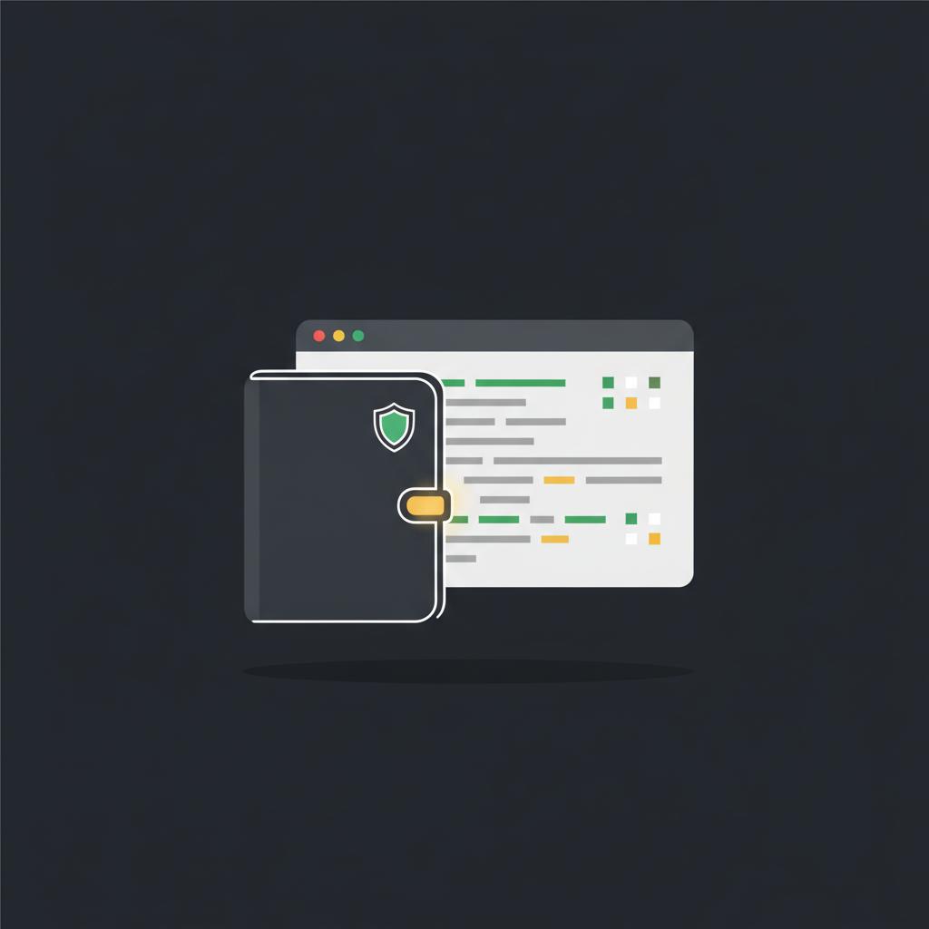 Minimal 2D vector of a hardware wallet beside a browser window with stylized code lines suggesting custody and API concerns for a crypto trading app