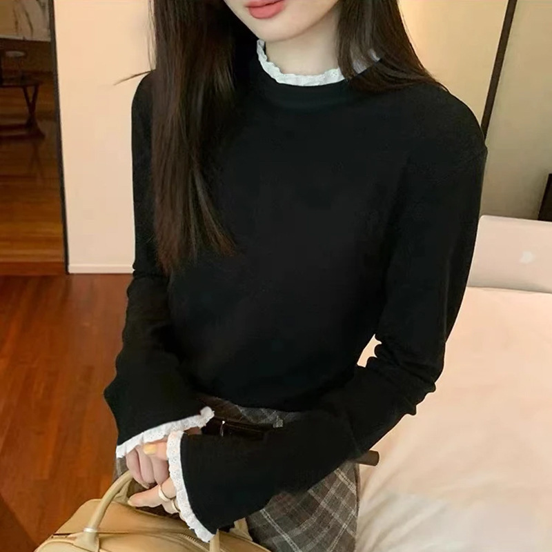 Women's base layer shirt with lace trim and stand-up collar