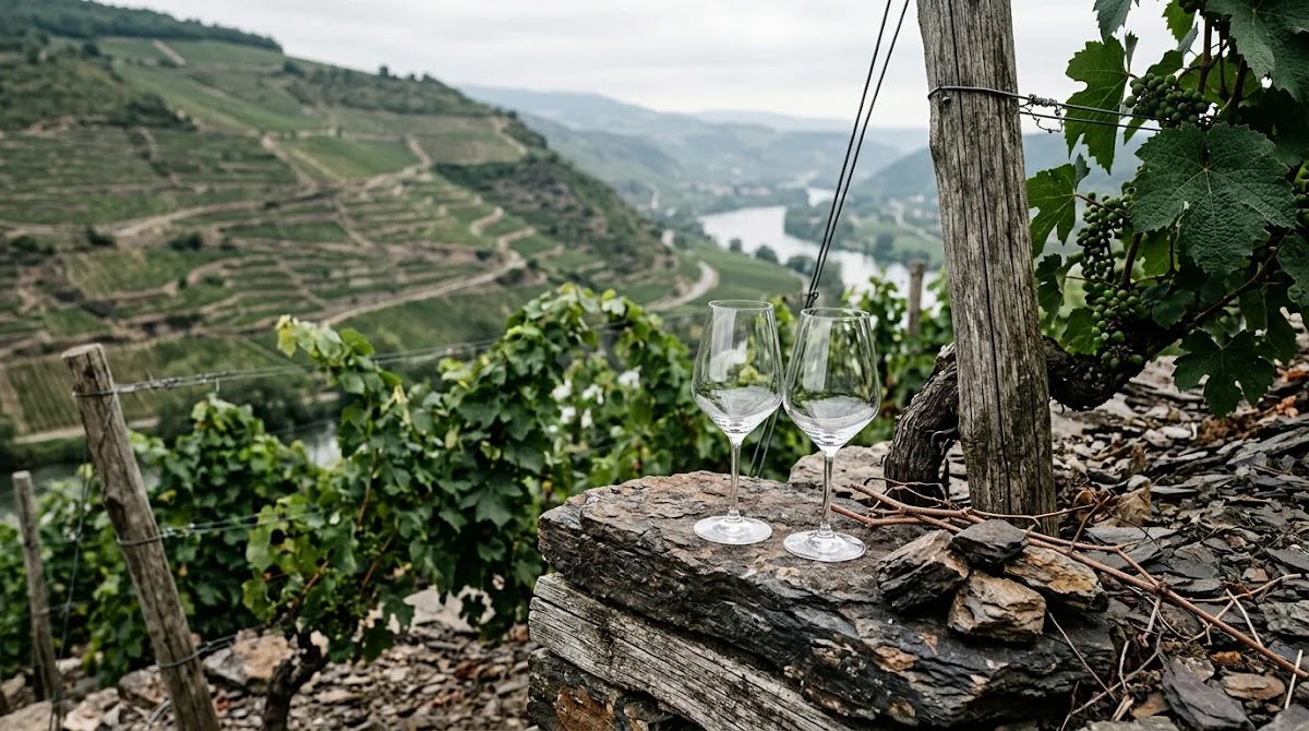 Rhone Valley wine terroir scene inspired by Northern Rhône Syrah vineyards and schist soils