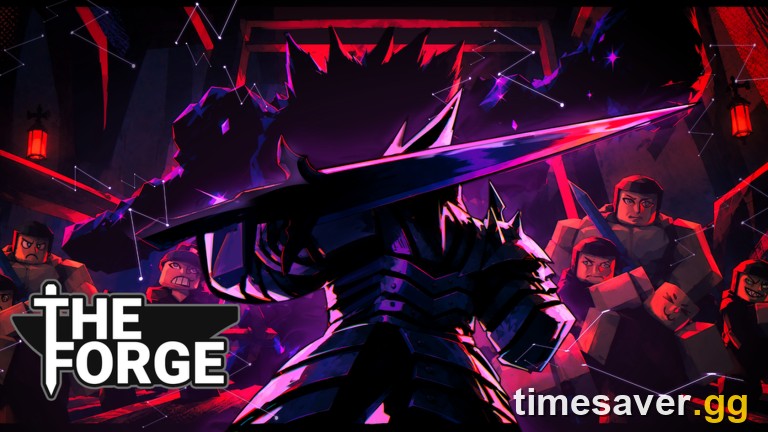The Forge official artwork with the game logo, an armored warrior raising a glowing greatsword over a crowd