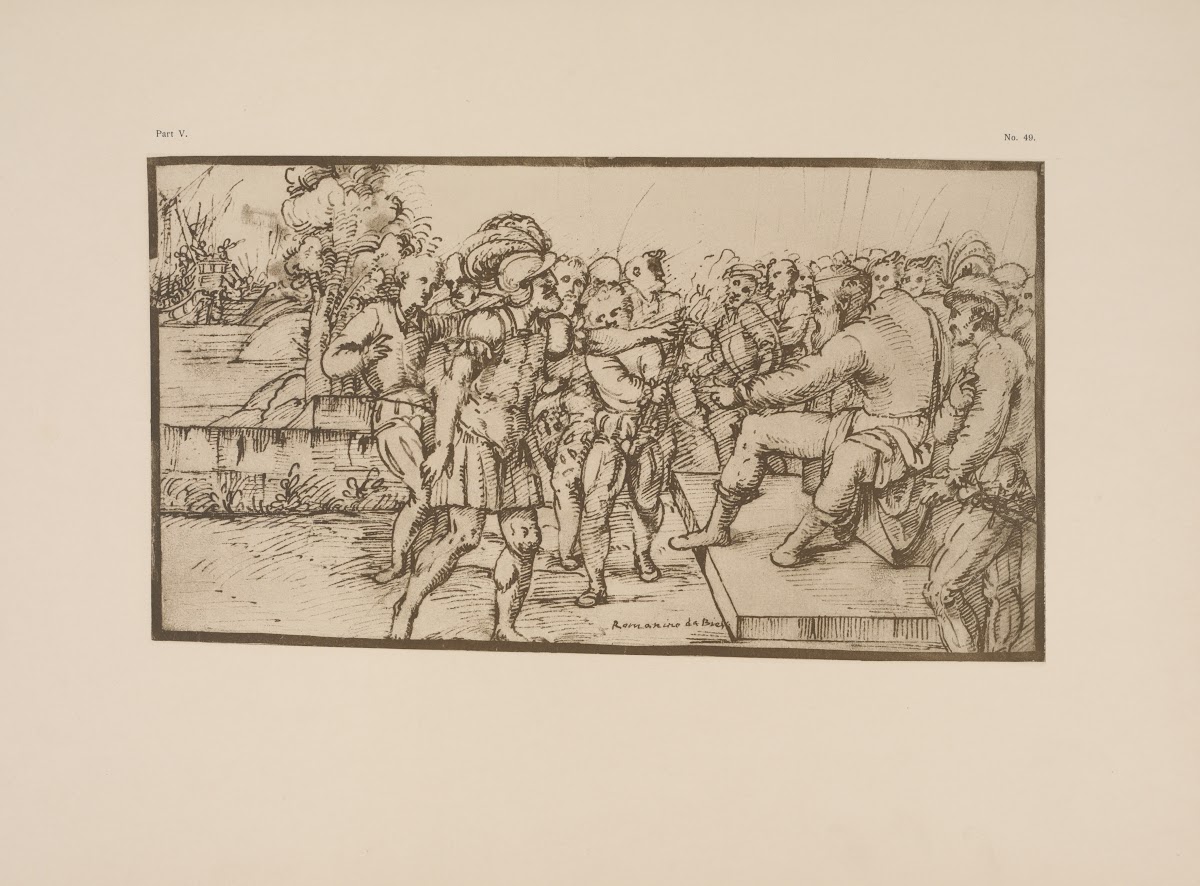 Girolamo Romanino  Drawing of soldier approaching king surrounded by crowd 1900