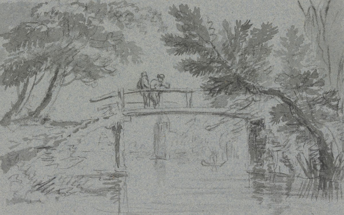 Holzbrücke über einem Kanal darauf zwei Männer