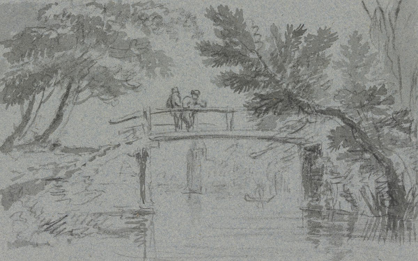 Holzbrücke über einem Kanal darauf zwei Männer