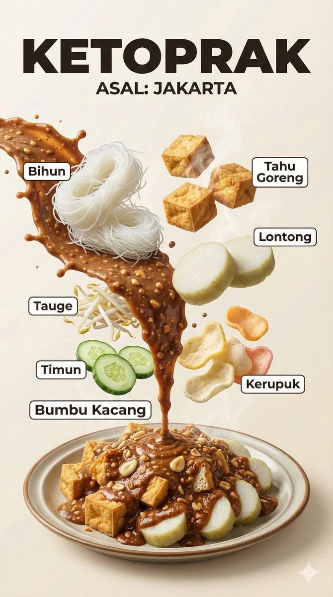 Un póster infográfico hiperrealista sobre comida indonesia con ingredientes que flotan de forma espectacular.