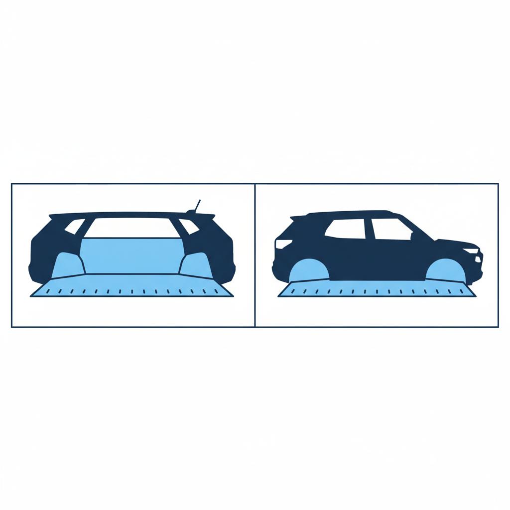 Minimalist 2D vector side by side cutout showing blazer cargo with folded seats and smaller trail blazer chevy cargo on white background with blue accents