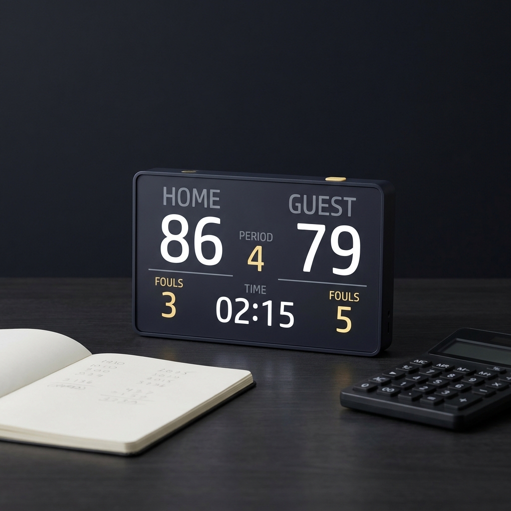 Close up minimalist scoreboard with lines and totals beside a notebook and calculator on a dark tabletop for world series betting