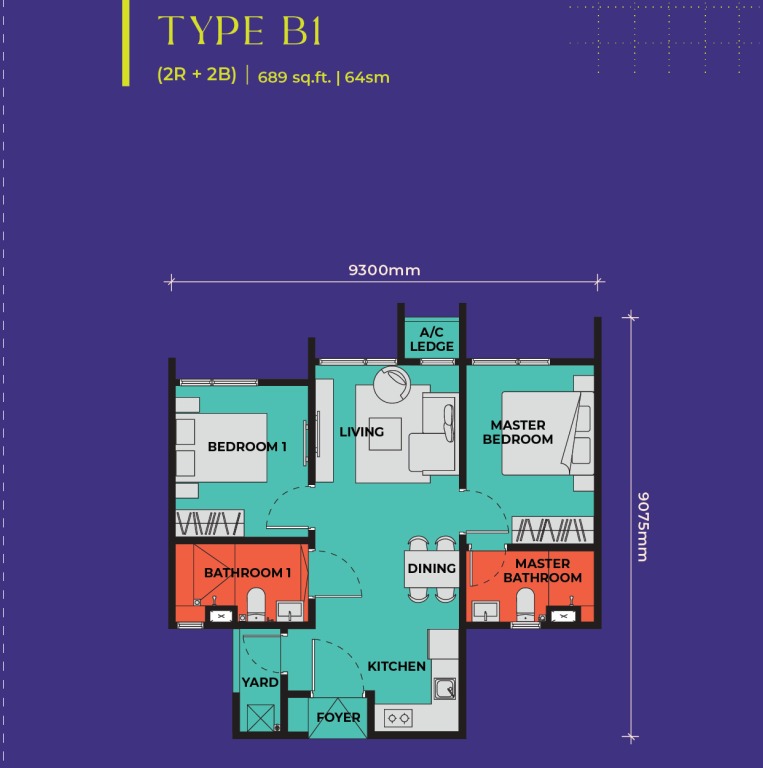 The Vividz Type B1 floor plan — 628 sq ft, 1 bedrooms