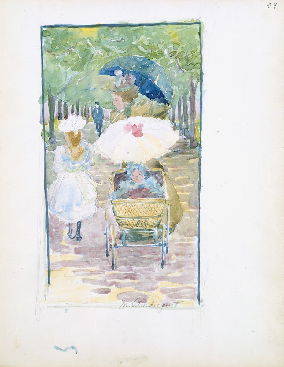A mother pushing her baby in a perambulator with her daughter at her side 189518