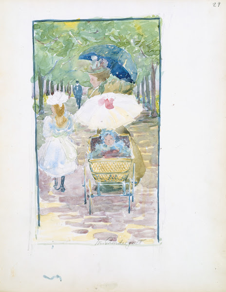A mother pushing her baby in a perambulator with her daughter at her side 189518