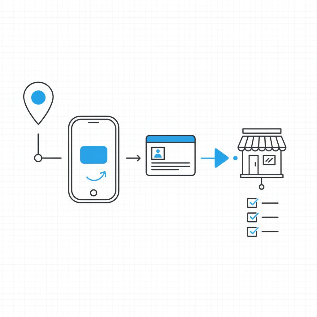 Minimal 2D vector customer journey diagram for a local store showing map icon, phone interaction, ad-to-store arrow and checklist on white background with TikTok ads flow.