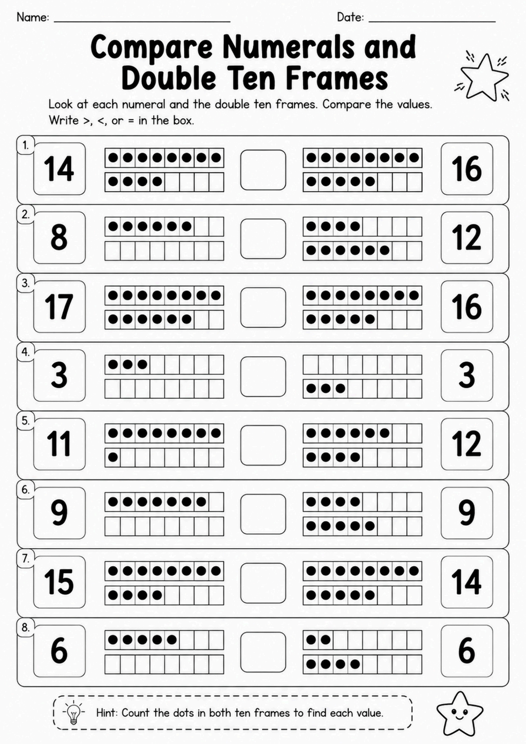 Compare Numerals and Double Ten Frames Worksheet