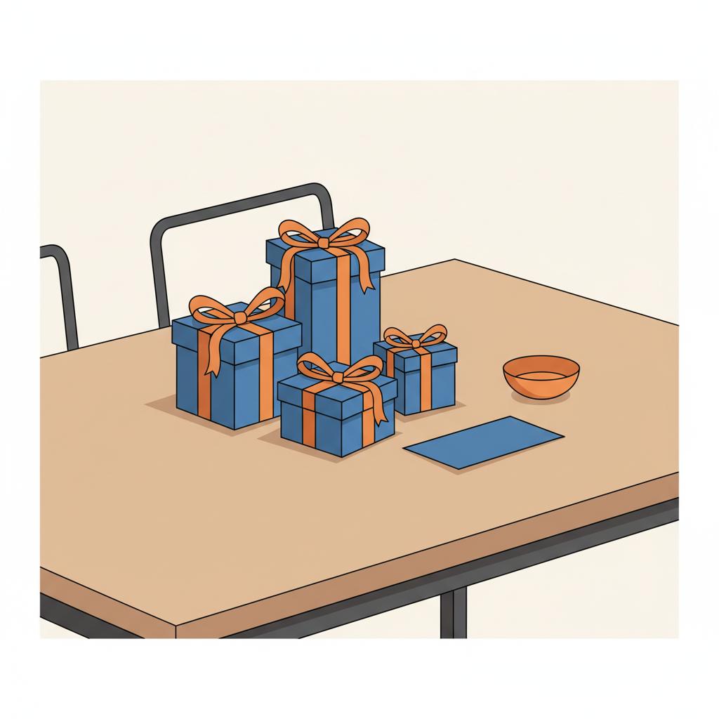 Intime 2D-Vektor-Detailaufnahme eines Esstischs mit verpackten Geschenken und einer blanko Karte in warmem Licht, geeignet für geschenke erzieher