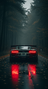 Dark and Moody Photo of Luxury Sports Car on Wet Forest Road in Rain