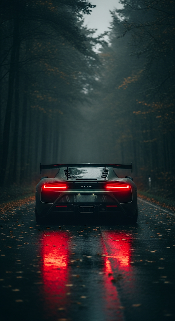 Dark and Moody Photo of Luxury Sports Car on Wet Forest Road in Rain - Free mobile Wallpaper