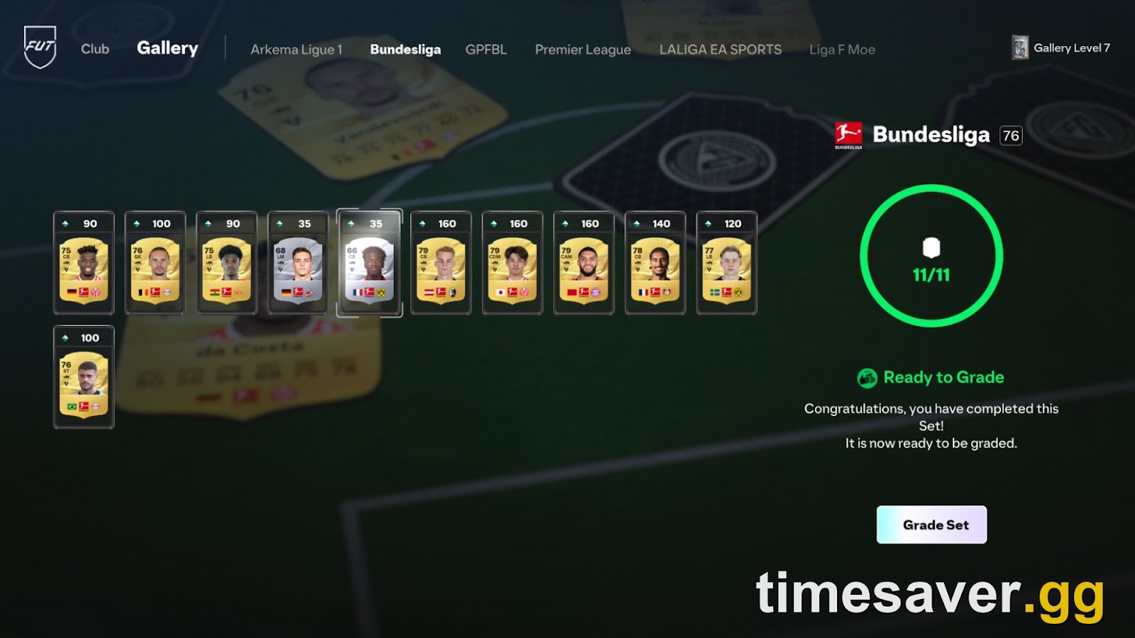 EA SPORTS FC 27 FUT Gallery screen showing a completed Bundesliga Set at 11/11, Gallery Level 7 and a Grade Set prompt