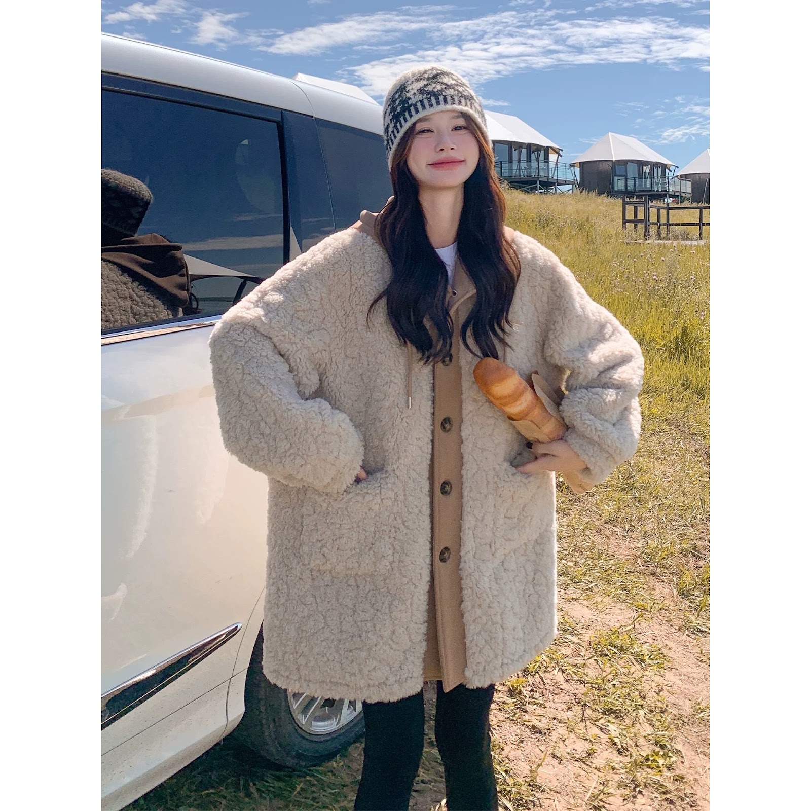Women's Faux Sheepskin Coat, Mid-Length, Lined