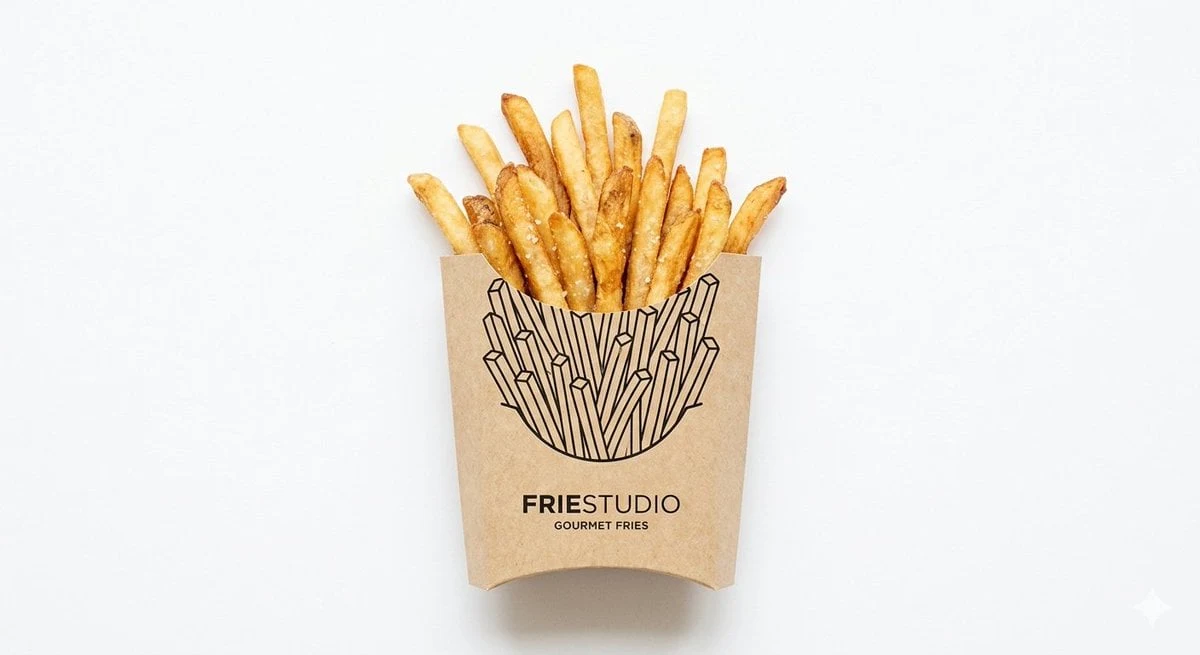 Fotografía minimalista de estudio sobre fondo blanco puro, [Nombre del alimento] real emergente de un envase de papel, lo visible...
