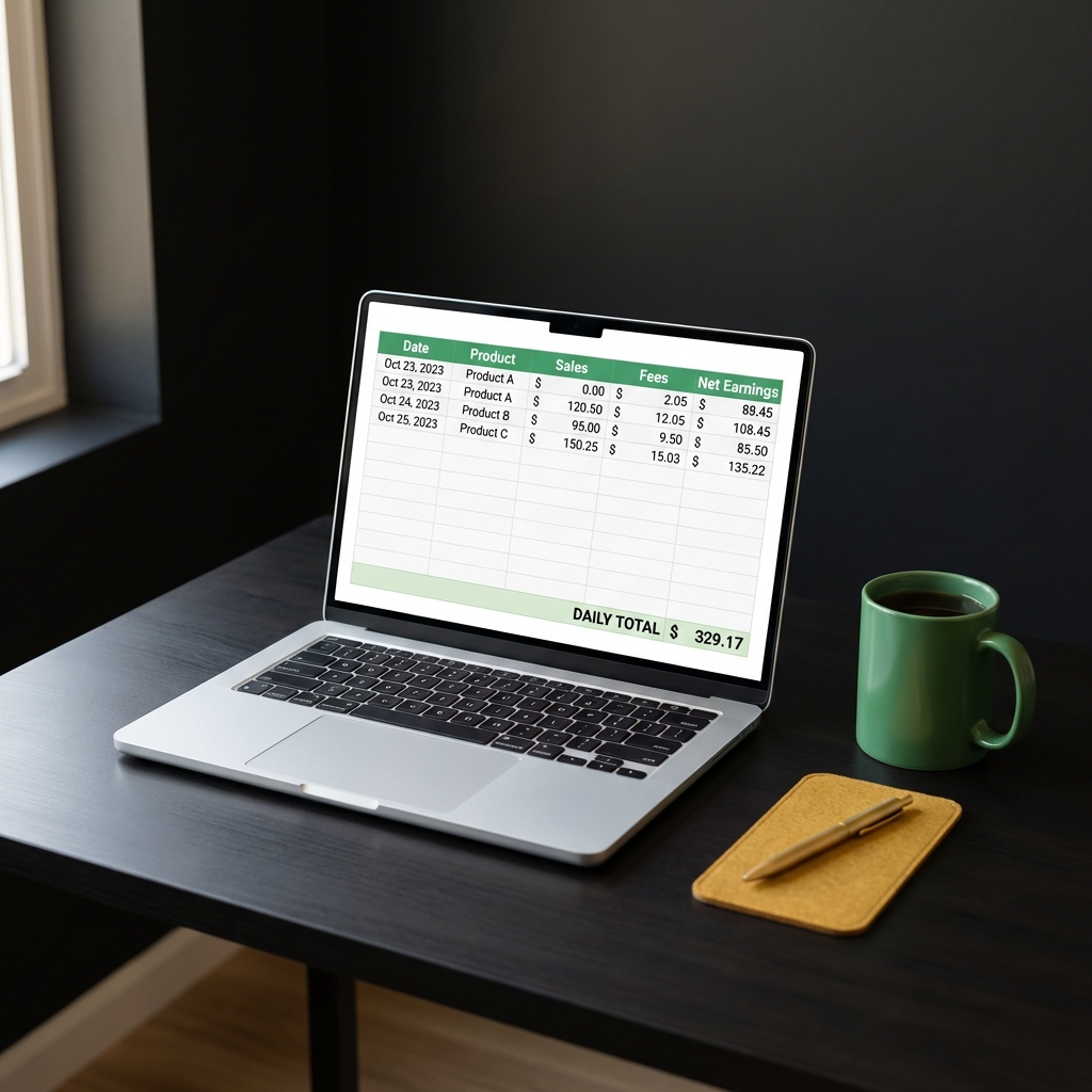 Minimal home office desk with laptop displaying a spreadsheet of daily earnings and a green mug matching brand color how to make $100 a day