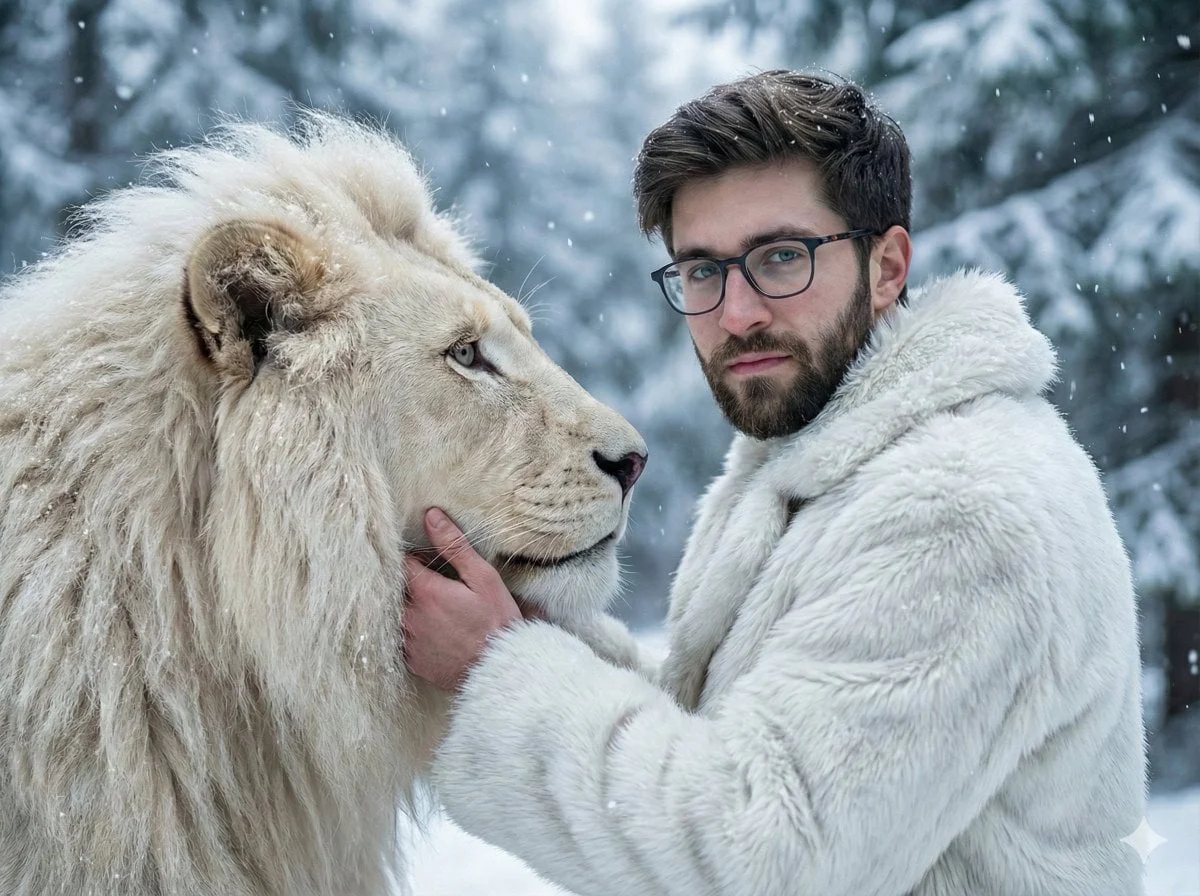 Un retrato cinematográfico ultrarrealista de un hombre cara a cara con un majestuoso león blanco en un bosque nevado.